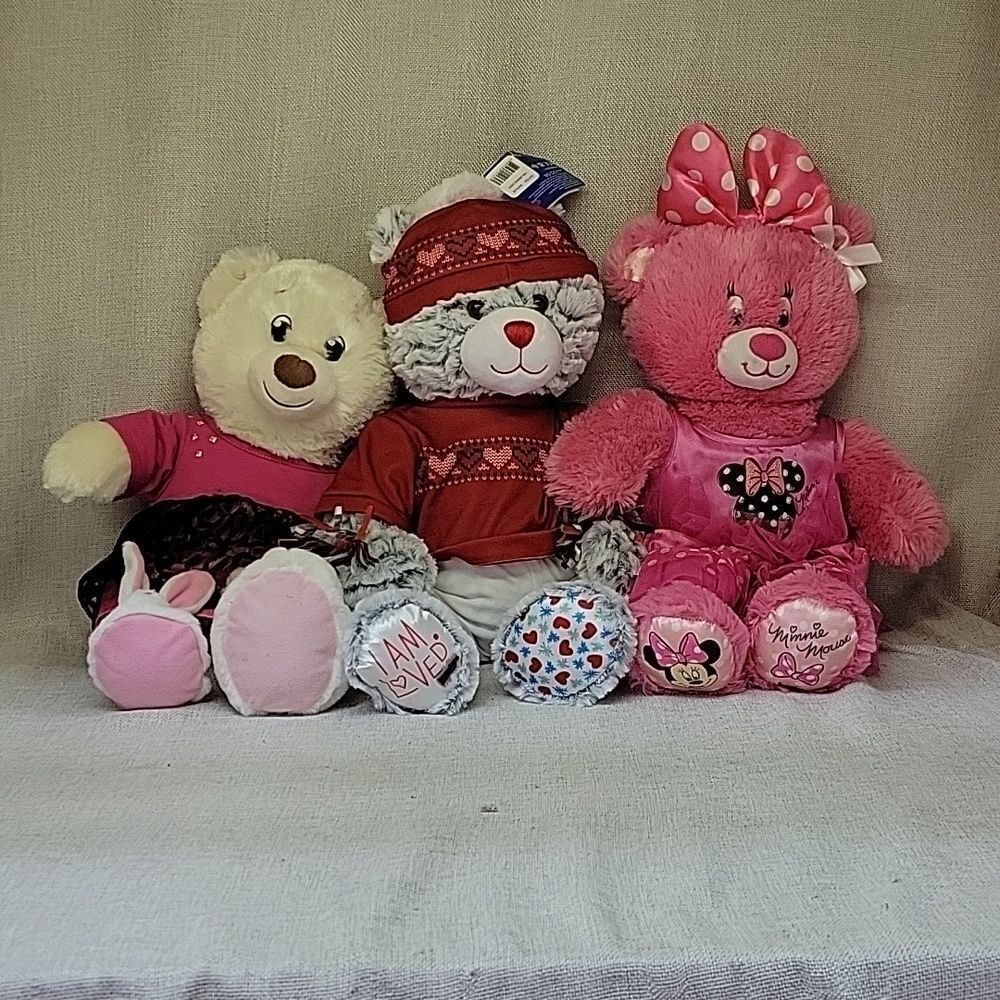 3 Build A Bear Plush. Minnie Mouse Bear, Sleepy Bear, Winter Bear